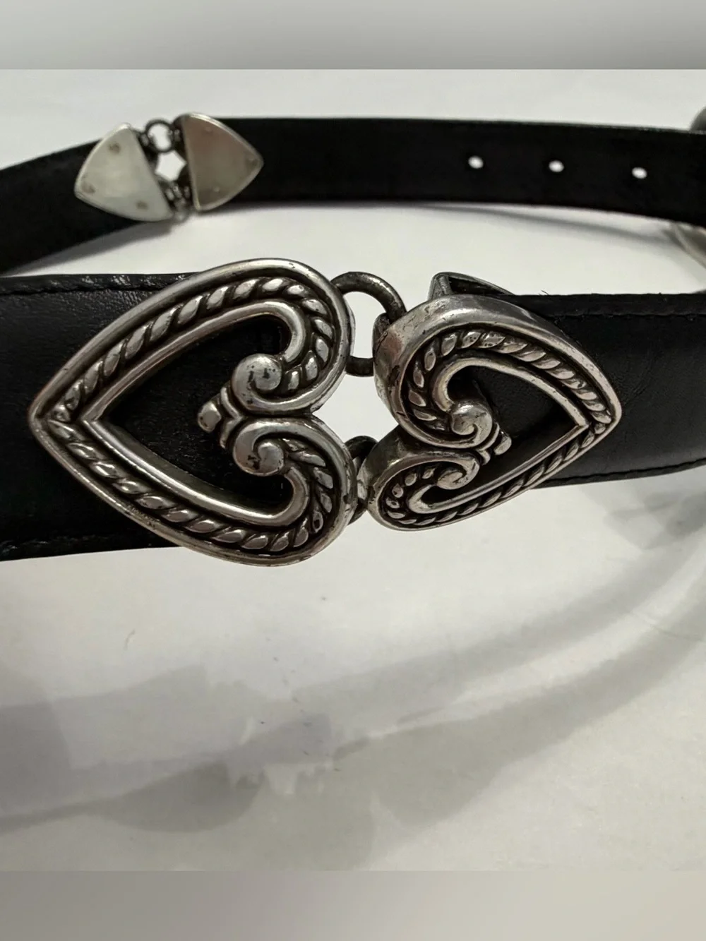 Vintage Brighton Black Leather Heart Belt Silver Hardware Western Boho USA Made